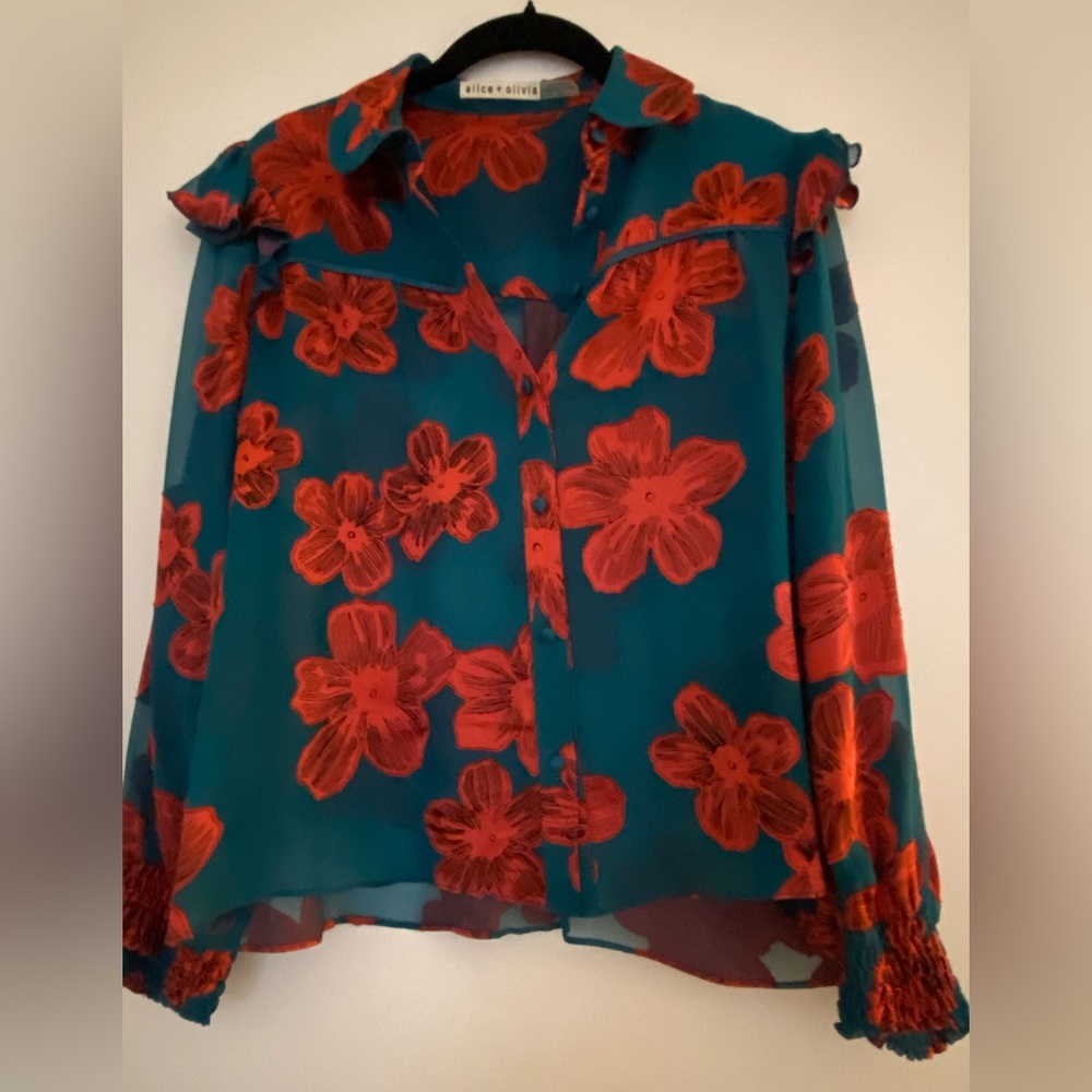 Alice + Olivia Teal and Red Floral Blouse